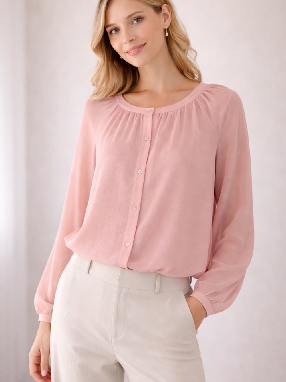 Antonio Melani Dusty Rose Sheer Button Front Blouse Size L NWT‎ Elegant Flowy